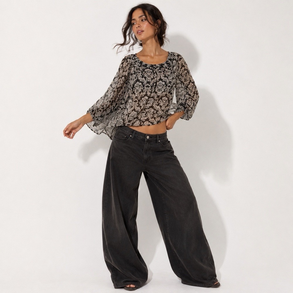 Y2K Silkland silk blouse damask metallic stripe sheer peasant top Large